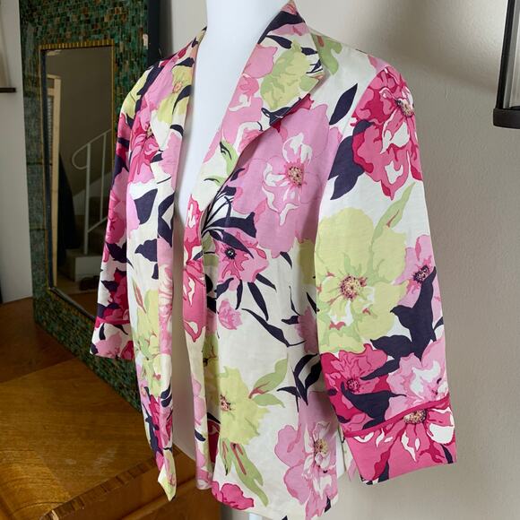 Coldwater Creek Petite Size PL Linen Silk Blend Floral Open Front Blazer Jacket - Picture 2 of 8